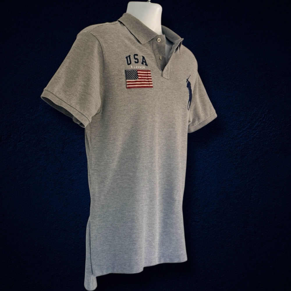 Polo Ralph Lauren USA Flag Polo Shirt XL Custom Fit Athletic V-Fit Gray - Picture 4 of 13